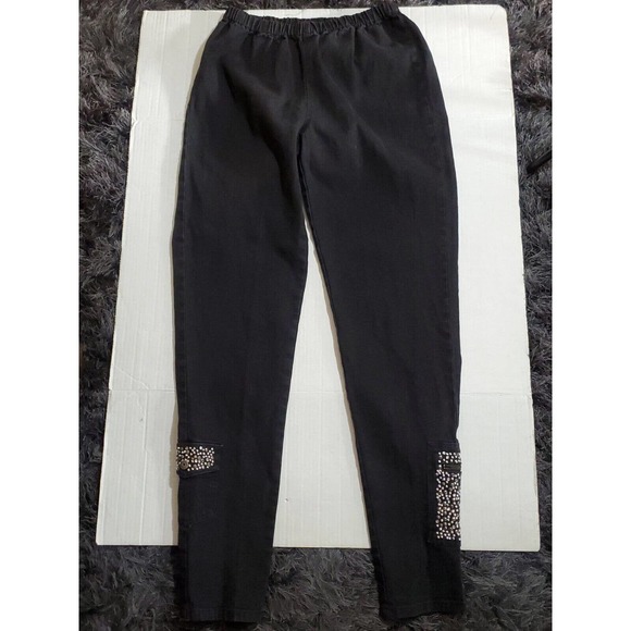 DG2 by Diane Gilman M/Tall Silver Beading Stretch Elastic Waist Black Jeans - Picture 2 of 12